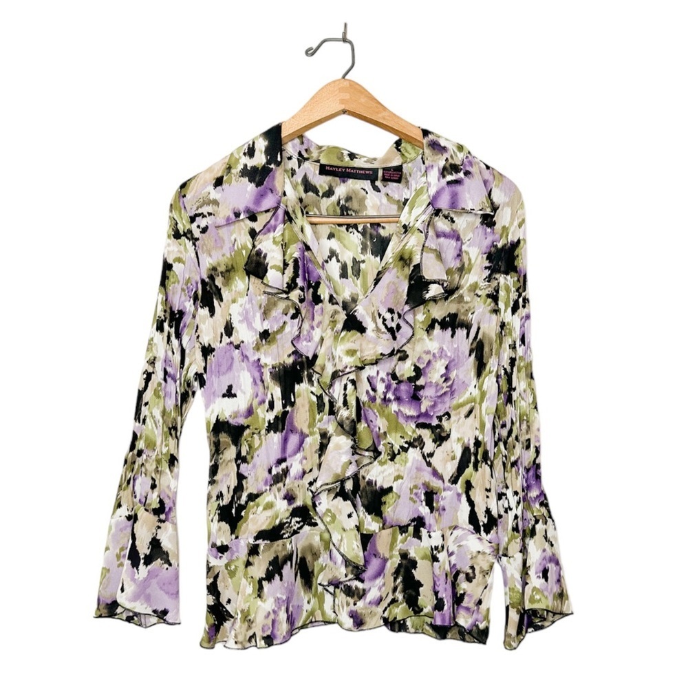 Vintage 90's Hayley Matthews Watercolor Floral Semi Sheer Ruffle‎ Blouse Large L